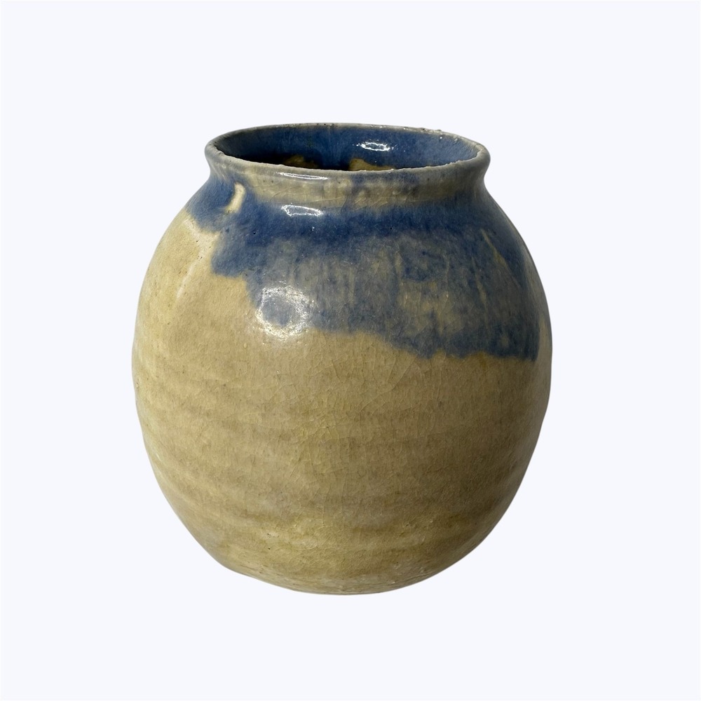 Becky Clonce Vance Studio Pottery Vase Signed '85 Blue Tan Drip Glaze Vintage 4"